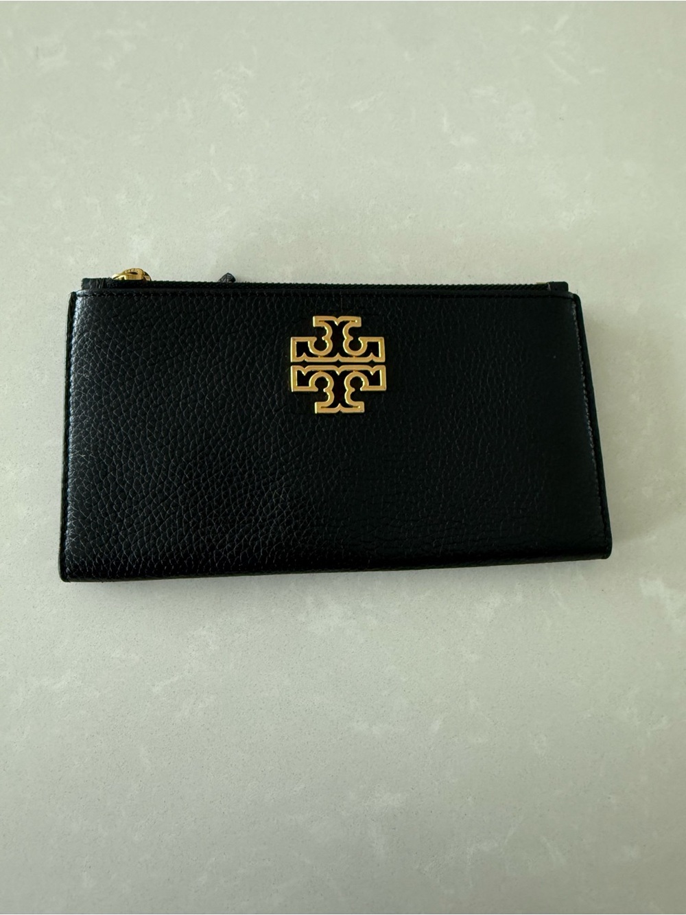 Tory Burch Black Leather Zip Card Wallet with Gold Emblem